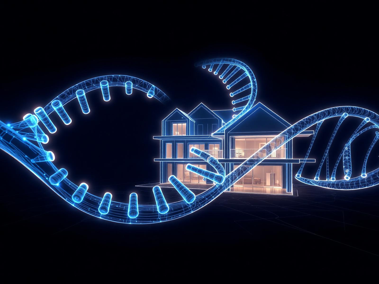 Luxury home transforming into a digital DNA structure